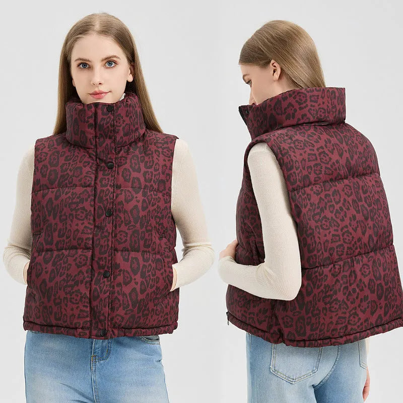 Leopard print stand collar loose fit thick polyester vest for women with pockets in khaki colour