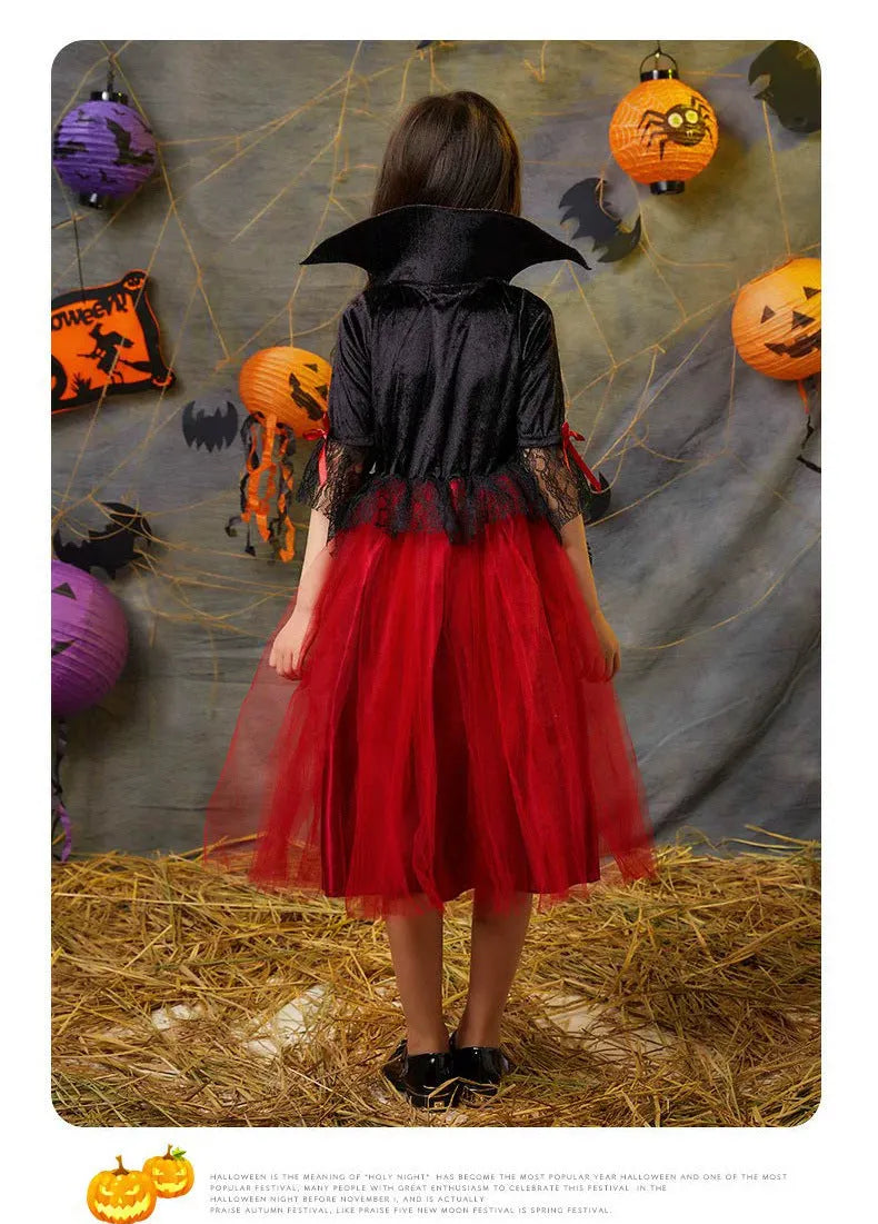 Children's Halloween witch costume suit in polyester fibre with cape and dress options, multiple sizes from 90cm to 170cm
