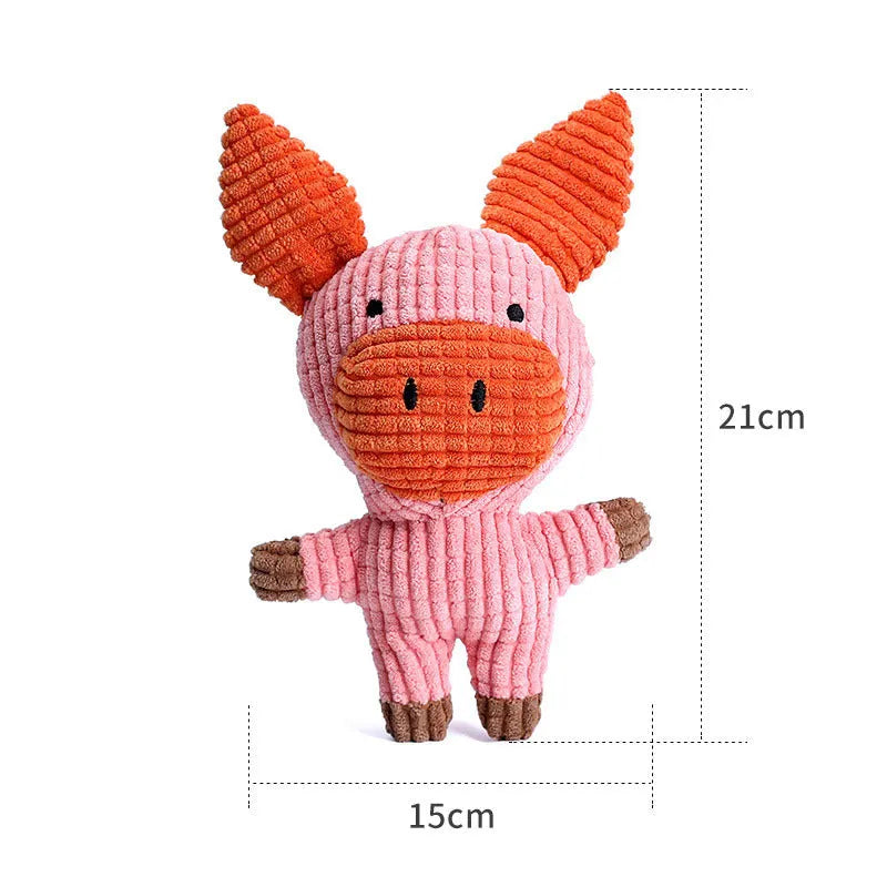 Animal-shaped plush dog chew toy with squeaker in multiple colour options