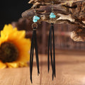 Retro long turquoise leather tassel earrings with geometric shape for women