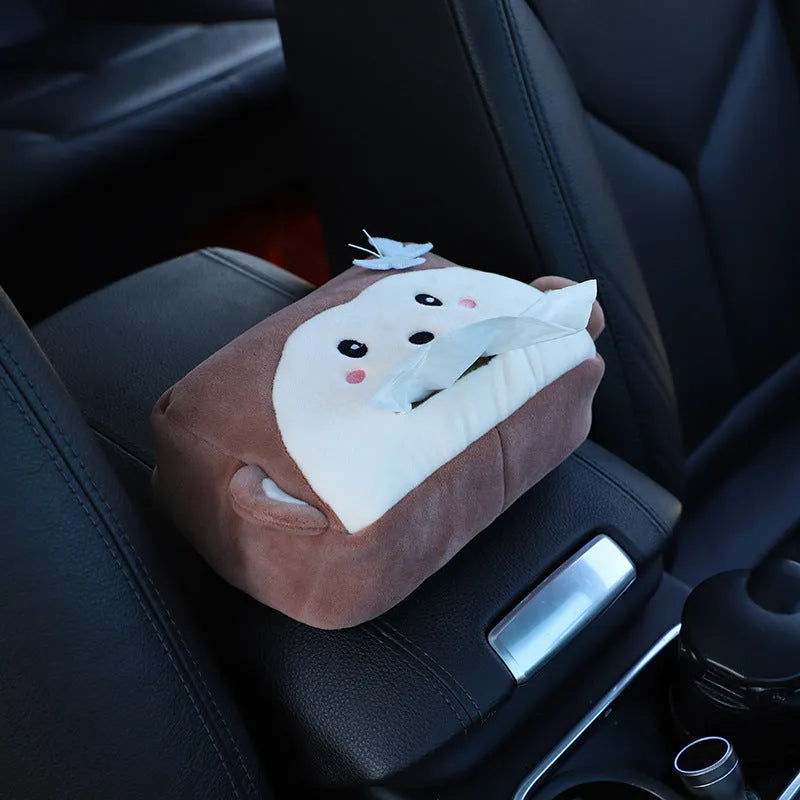 Hanging plush cartoon tissue box with elastic strap for car armrest or office chair mounting
