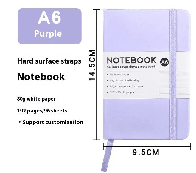 A5 and A6 size notebooks with soft skin-feel PU leather covers and a strap, shown in various colours next to open pages with horizontal ruled lines.