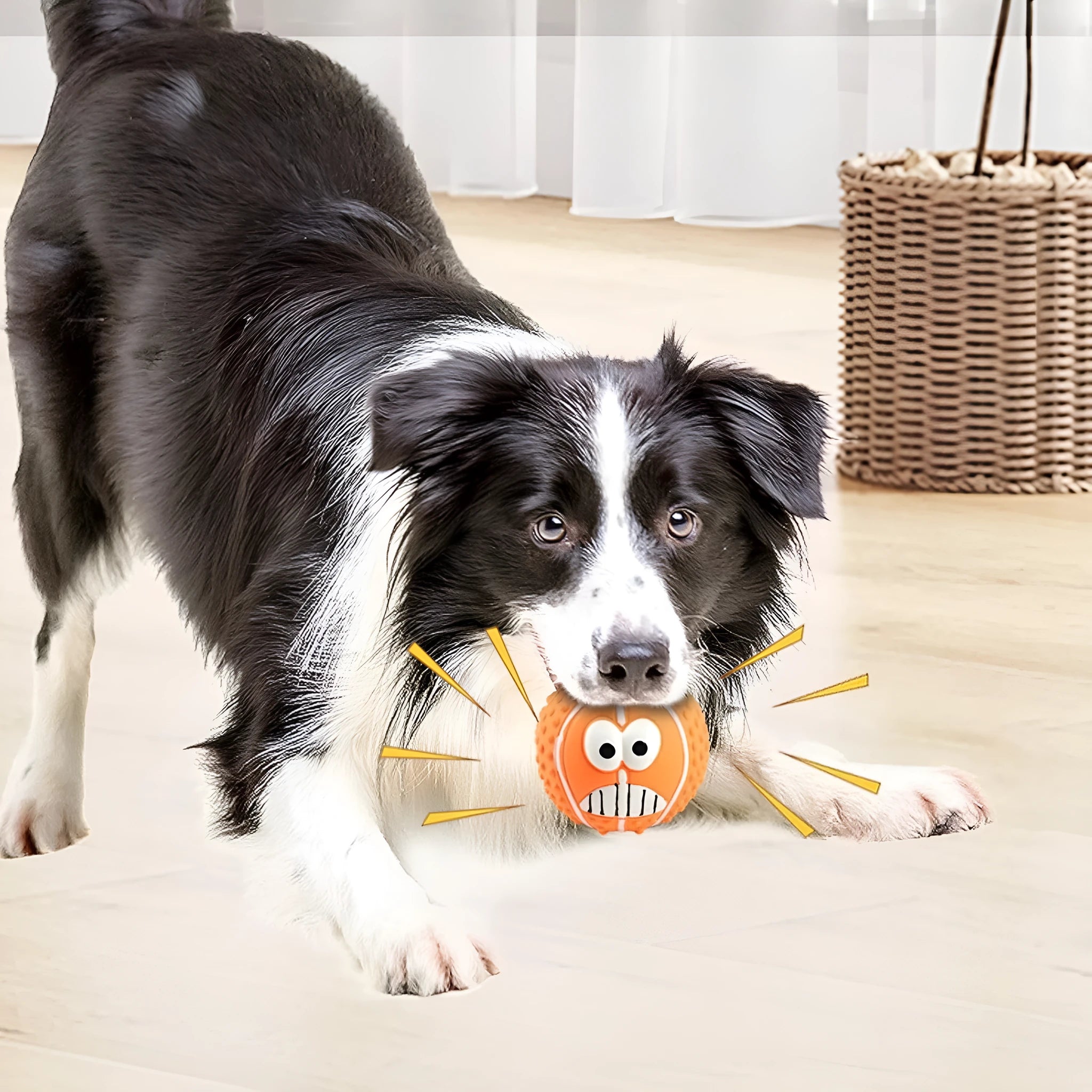 Green, orange, and yellow latex dog balls with smile faces, suitable for small to medium dogs