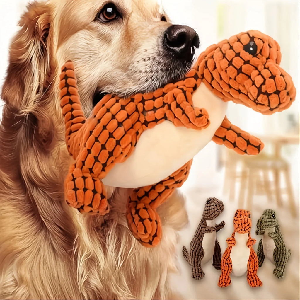 Grey, green, and orange squeaker dog chew toy with rope centre for large breeds.