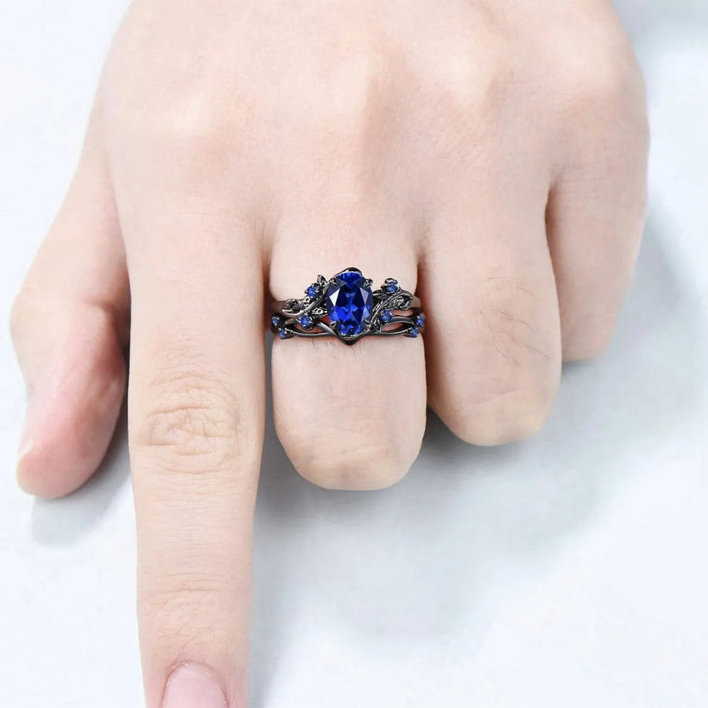 Gun black copper women ring with navy blue rhinestone inlay geometric shape