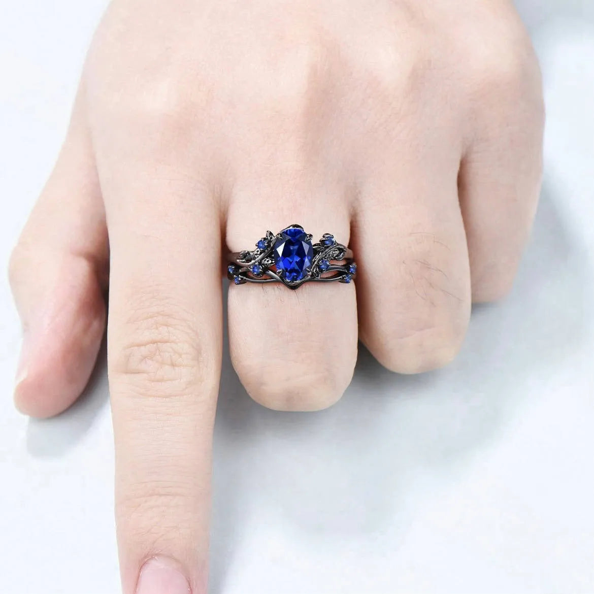 Gun black copper women ring with navy blue rhinestone inlay geometric shape