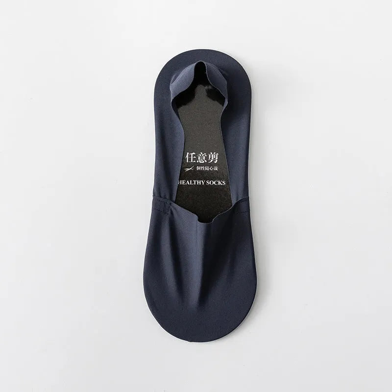 Men's invisible seamless low cut socks in ice silk and cotton blend, shown in multiple colours