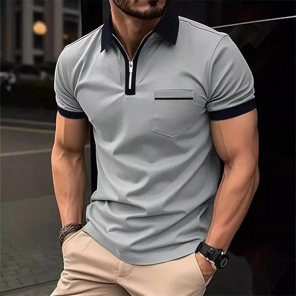 Men's loose fit short sleeve casual shirt with chest pocket and zipper decoration