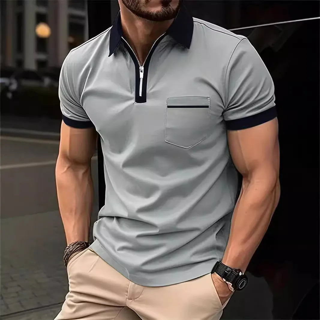 Men's loose fit short sleeve casual shirt with chest pocket and zipper decoration