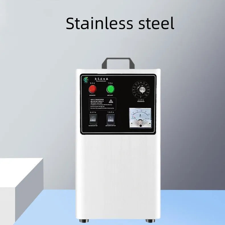 White or stainless steel air-cooled ozone generator for sanitising fruits and vegetables on a kitchen countertop.