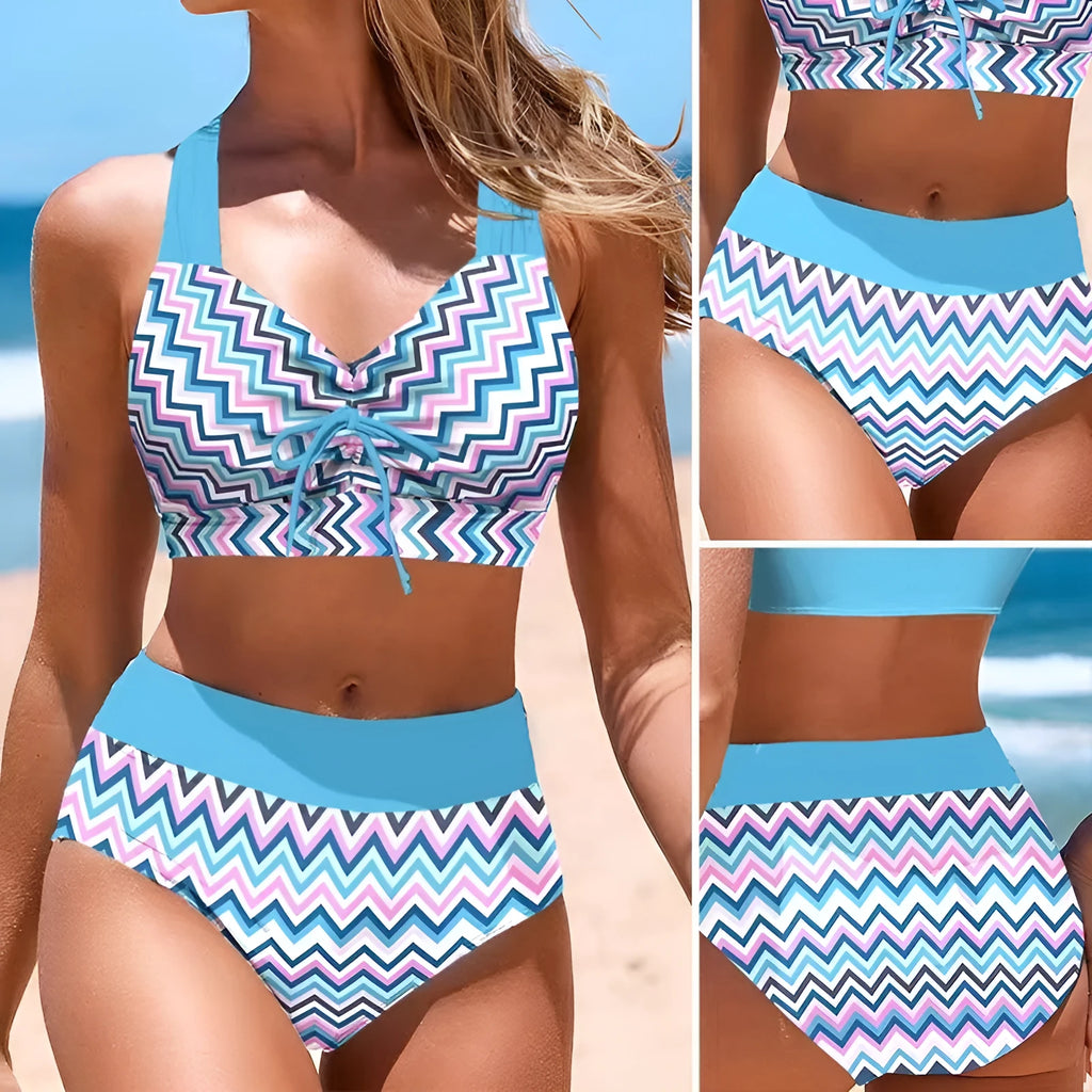 Blue women's cross sling split swimsuit on a mannequin, showing the bikini design.