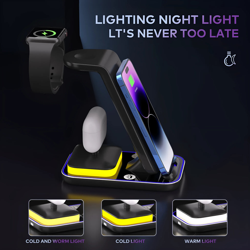 Black vertical wireless charger with mobile phone, smartwatch and headphones charging simultaneously