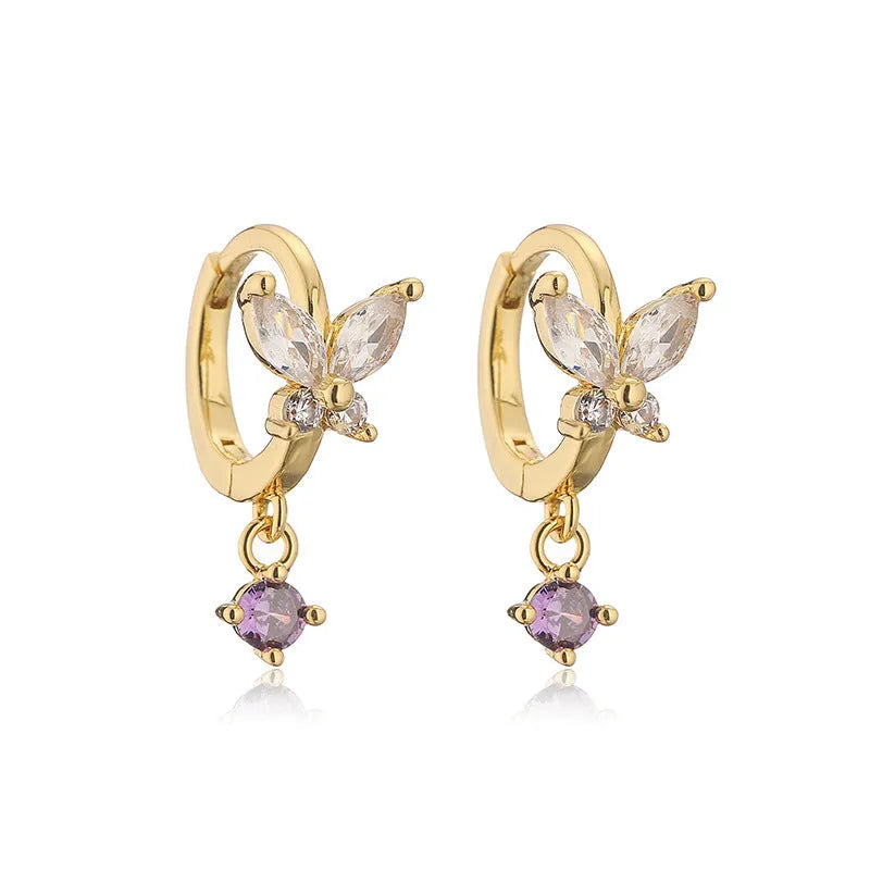 Copper earrings with inlaid colour diamond butterfly fringe design on white background