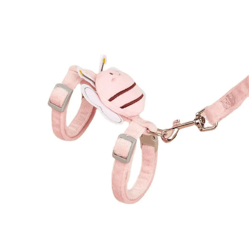 Adjustable bee-shaped cat lead in polyester material showing pink, yellow and blue colour options