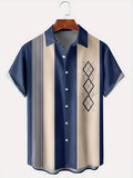Man modelling a loose-fit plaid short-sleeve cardigan shirt with a lapel neckline.