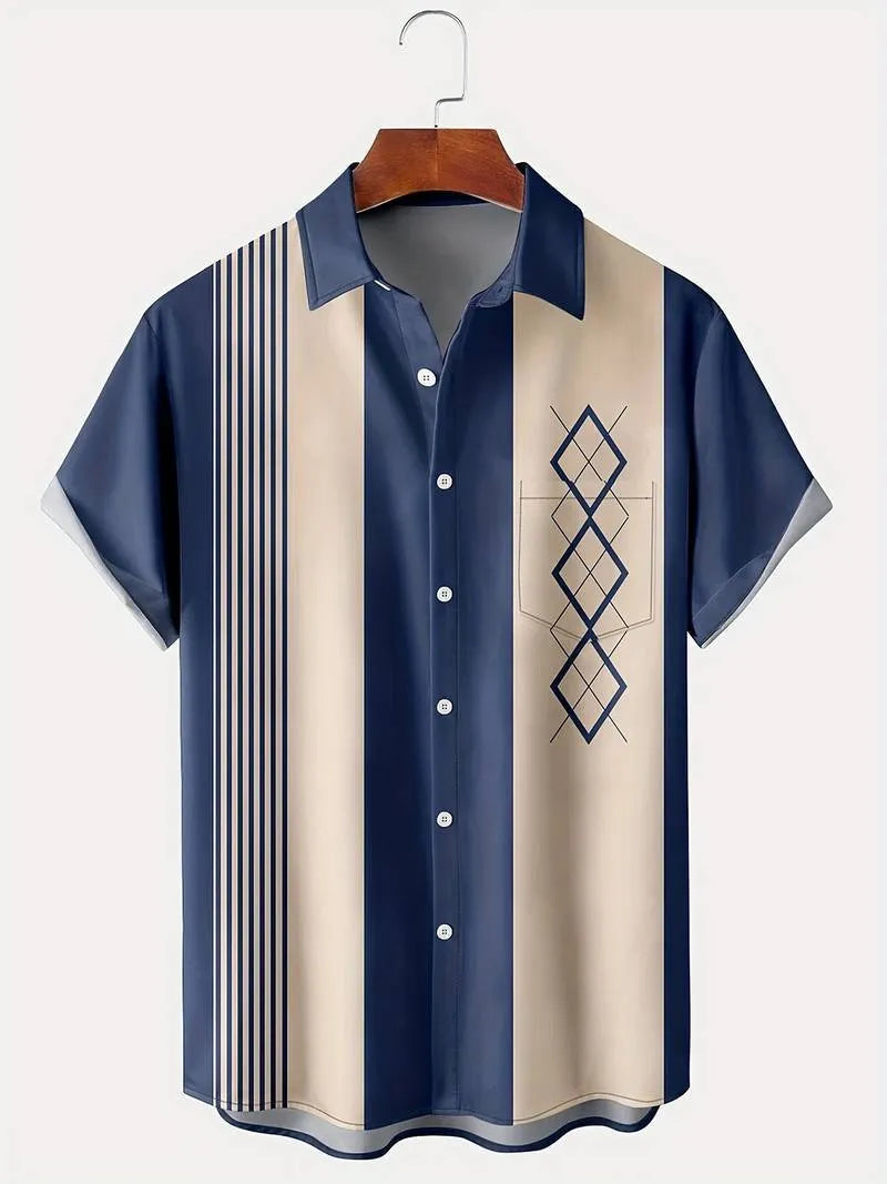 Man modelling a loose-fit plaid short-sleeve cardigan shirt with a lapel neckline.