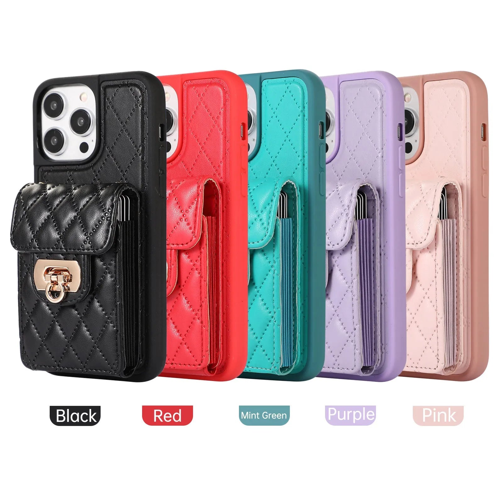 Black PU TPU back cover phone case with card holder slot and long lanyard for iPhone