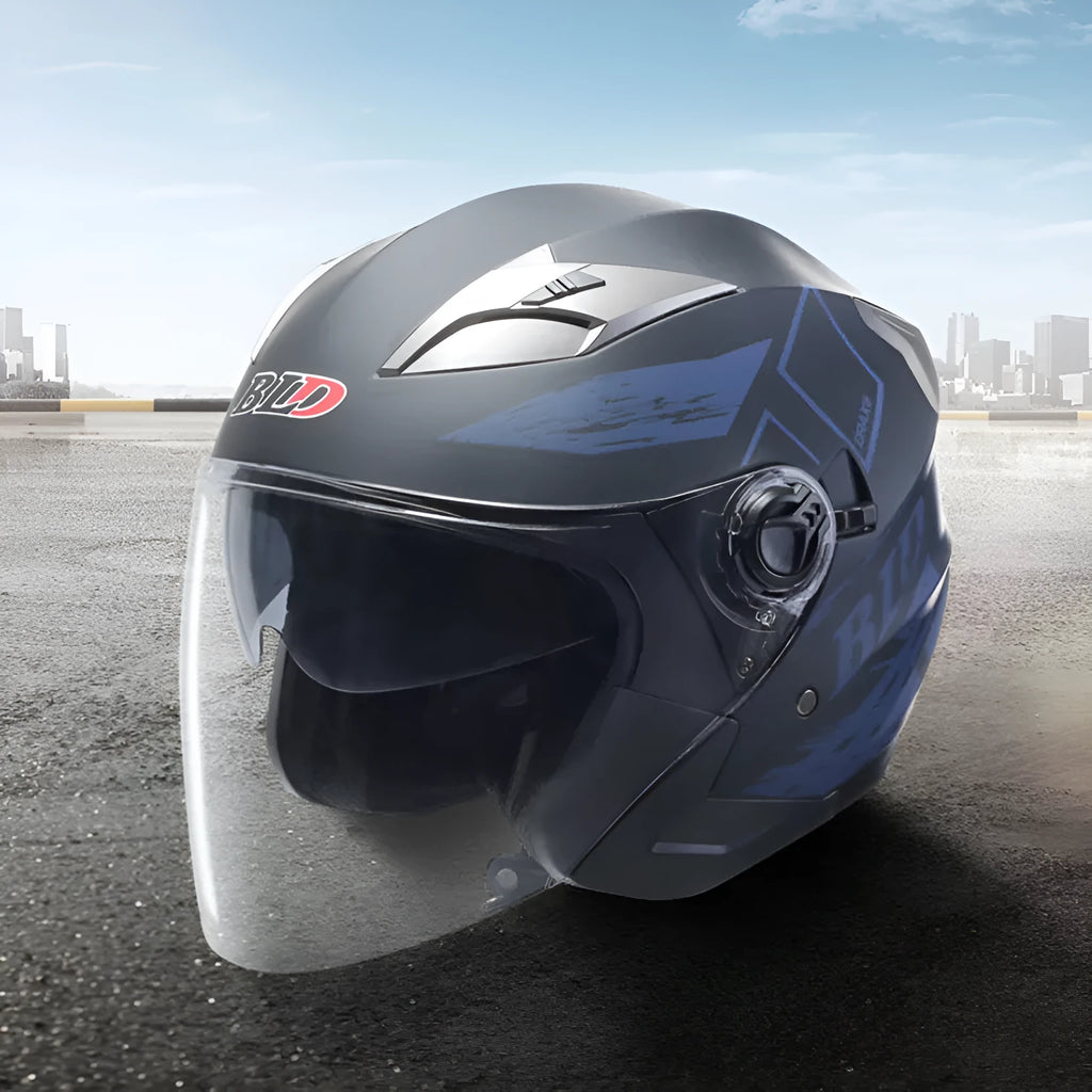 Retro motorcycle helmet with double lens in matte black ABS shell