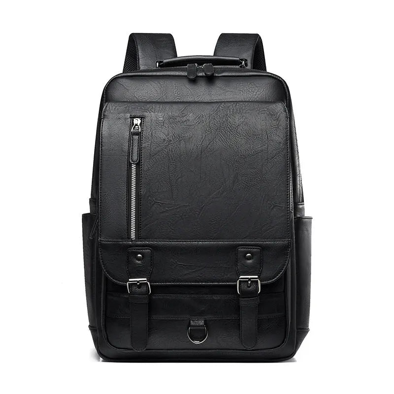 Men's casual business backpack in solid colour, black PU leather, urban simplicity style for travel