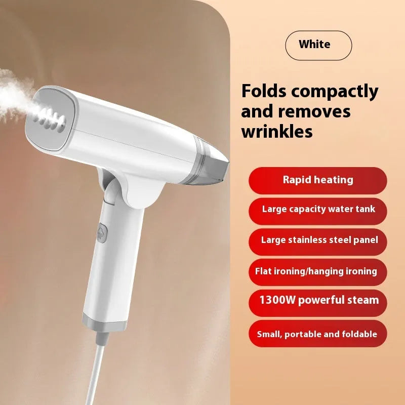 Blue handheld garment steamer with water tank and mechanical controls for clothing care