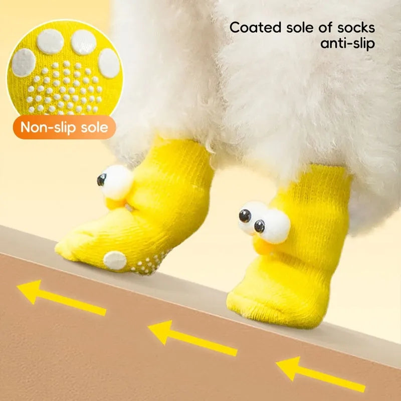 Dog all-season universal socks with cute big eyes and anti-slip particles on the bottom, in green colour