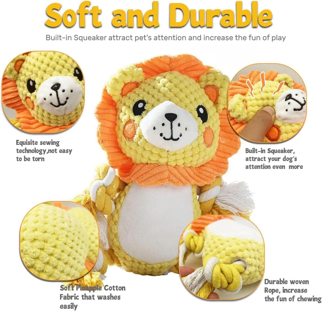 Lion and monkey plush squeaky dog toys showing dimensions: 9x12 cm and 17x13.5 cm