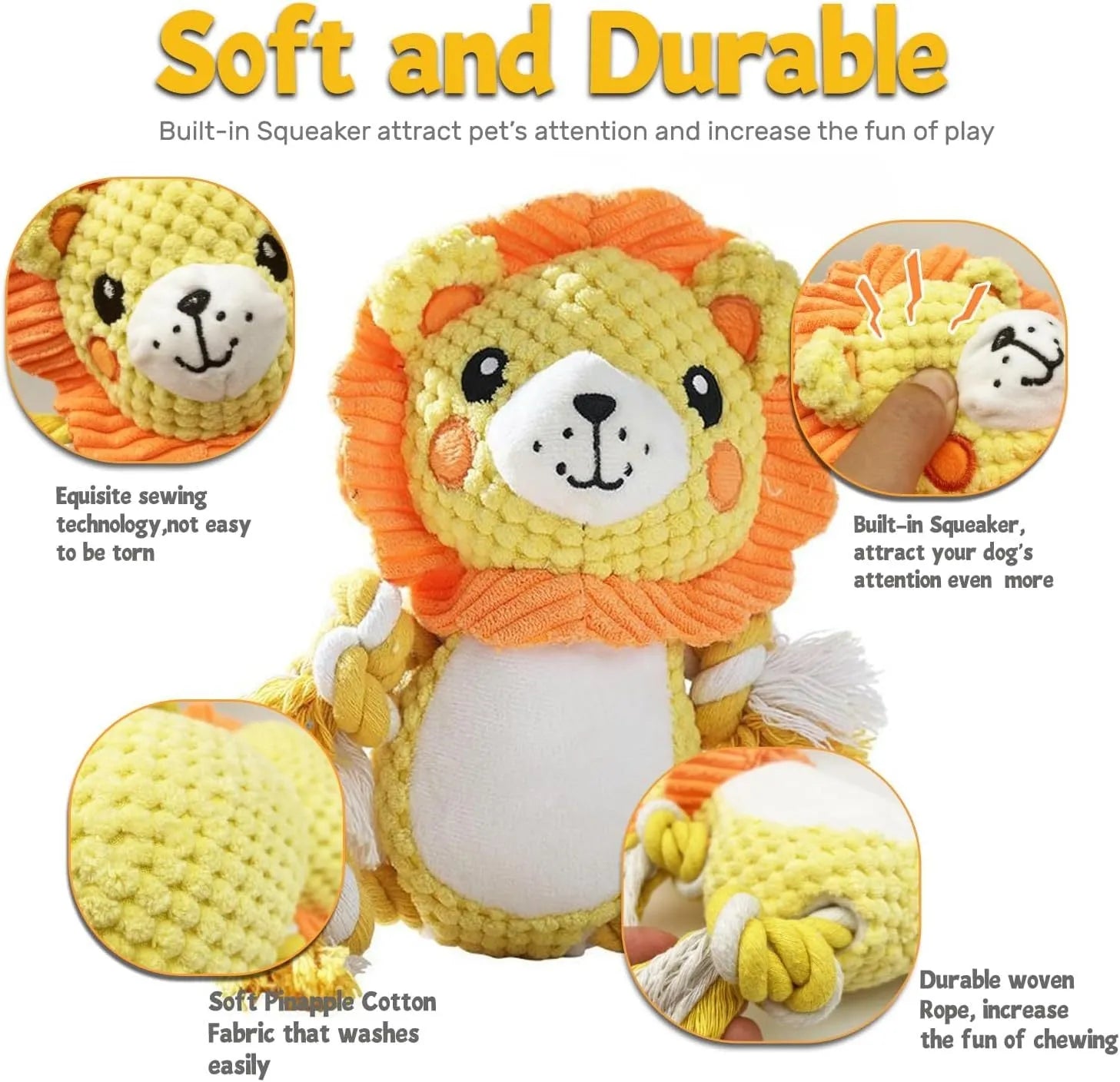 Lion and monkey plush squeaky dog toys showing dimensions: 9x12 cm and 17x13.5 cm