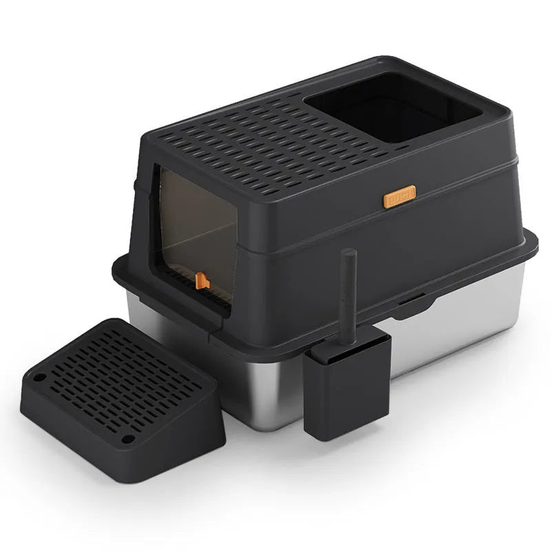 Large grey enclosed cat litter box with pedal-operated lid and stainless steel components