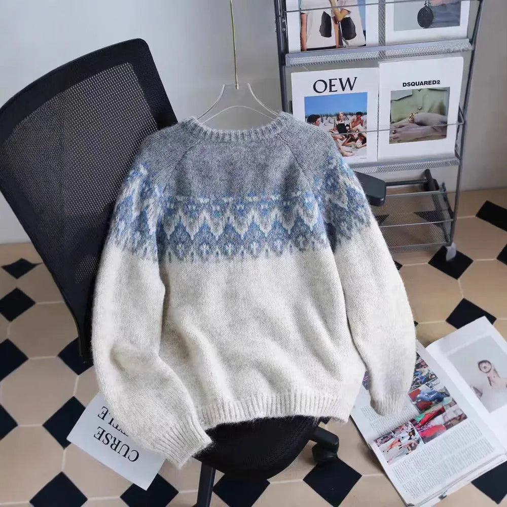 Women's loose fit jacquard knit sweater coat in contrast colours