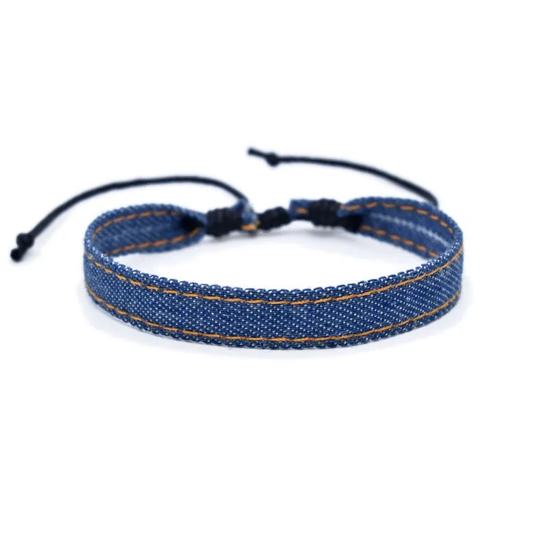 National style denim fabric bracelet carrying strap with mixed material construction and colour options YYR001 to YYR011.