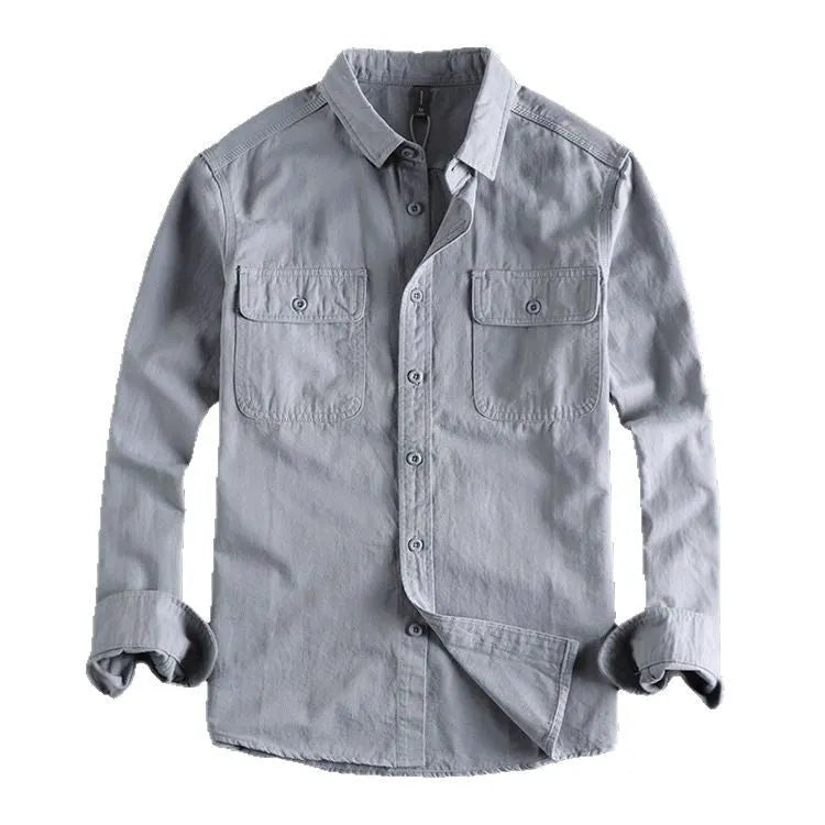 Men's loose long sleeve overalls cardigan shirt in polyester, shown in light grey colour.
