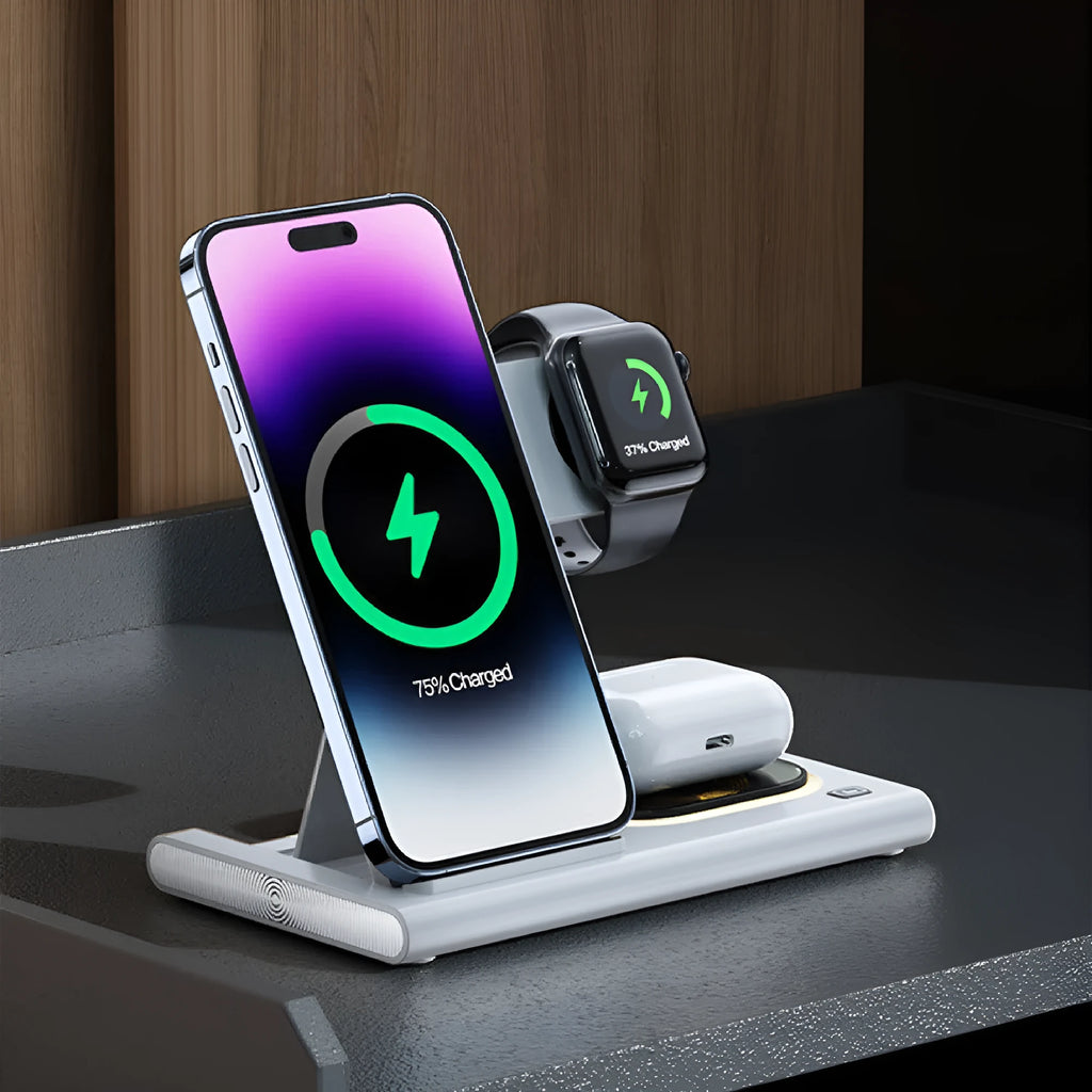 Folding four-in-one wireless charger in black with USB cable, 165mm width, plastic casing