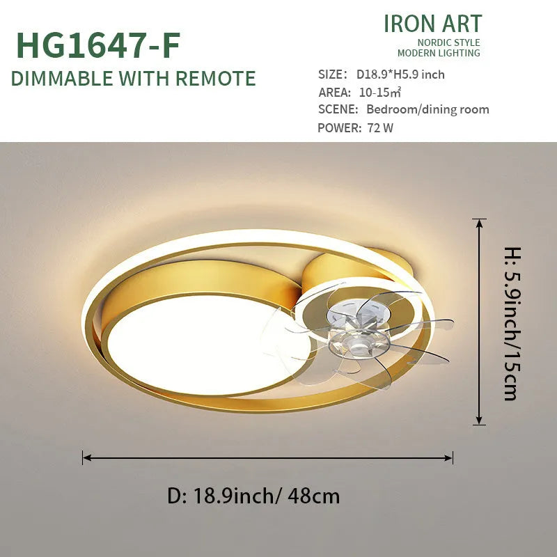48cm diameter ceiling fan with light in Nordic style, featuring metal blades and an acrylic lampshade.