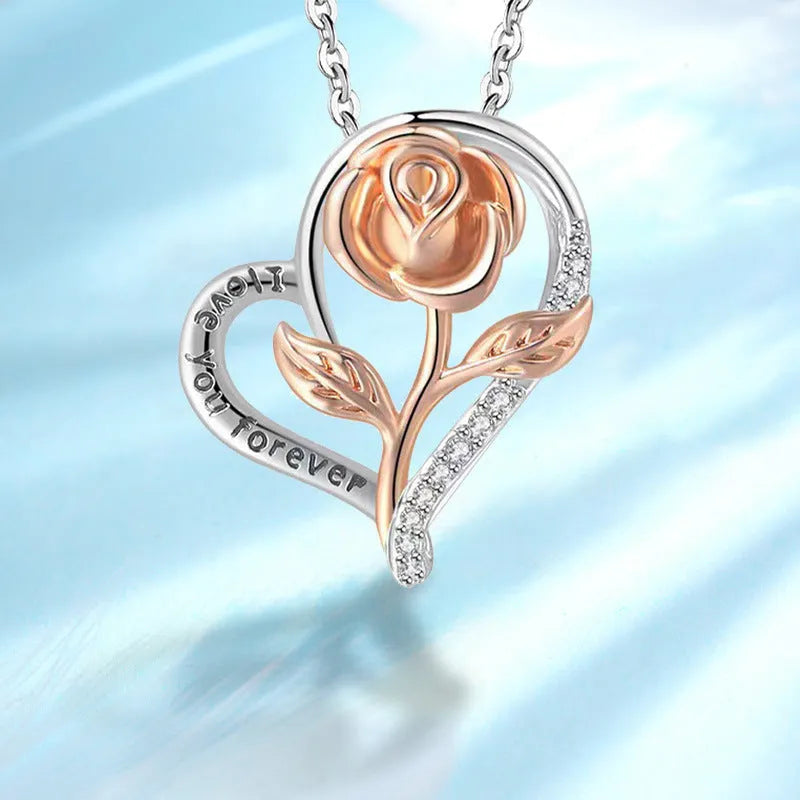 925 silver heart-shaped rose pendant necklace with electroplated finish on cross chain, unisex style