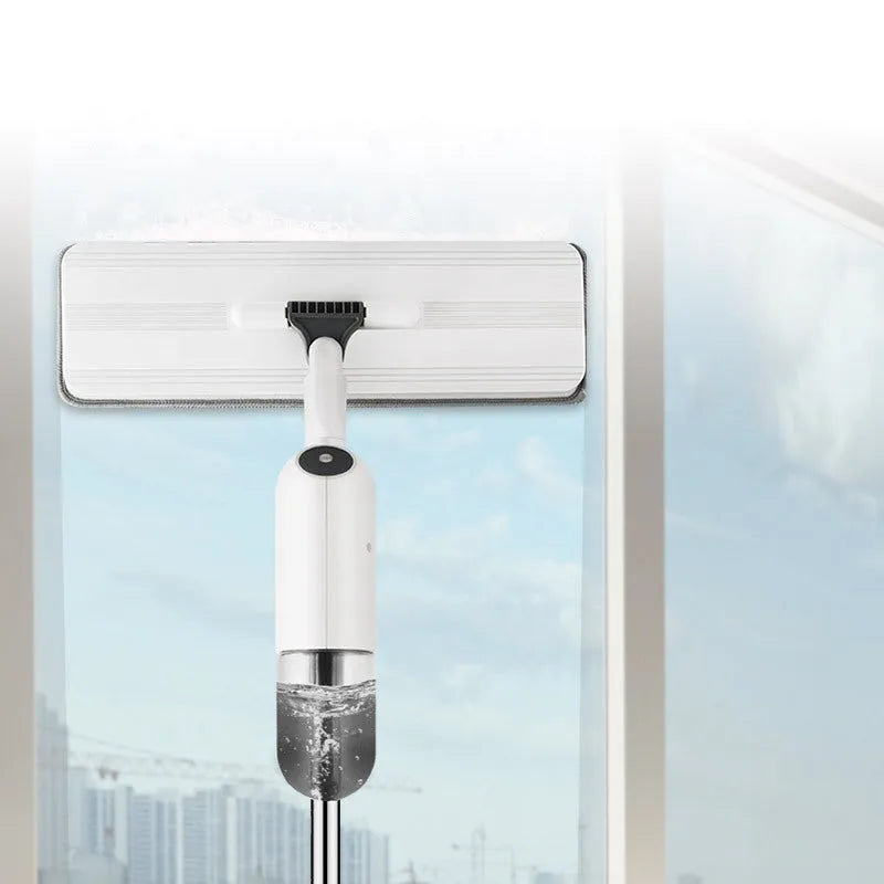 Flat squeeze mop with bucket showing 360-degree rotating head and stainless steel mop bar