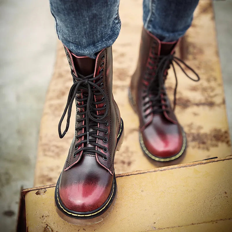Men's leather lace-up casual shoes in black, brown, or wine red with round toe and flat heel