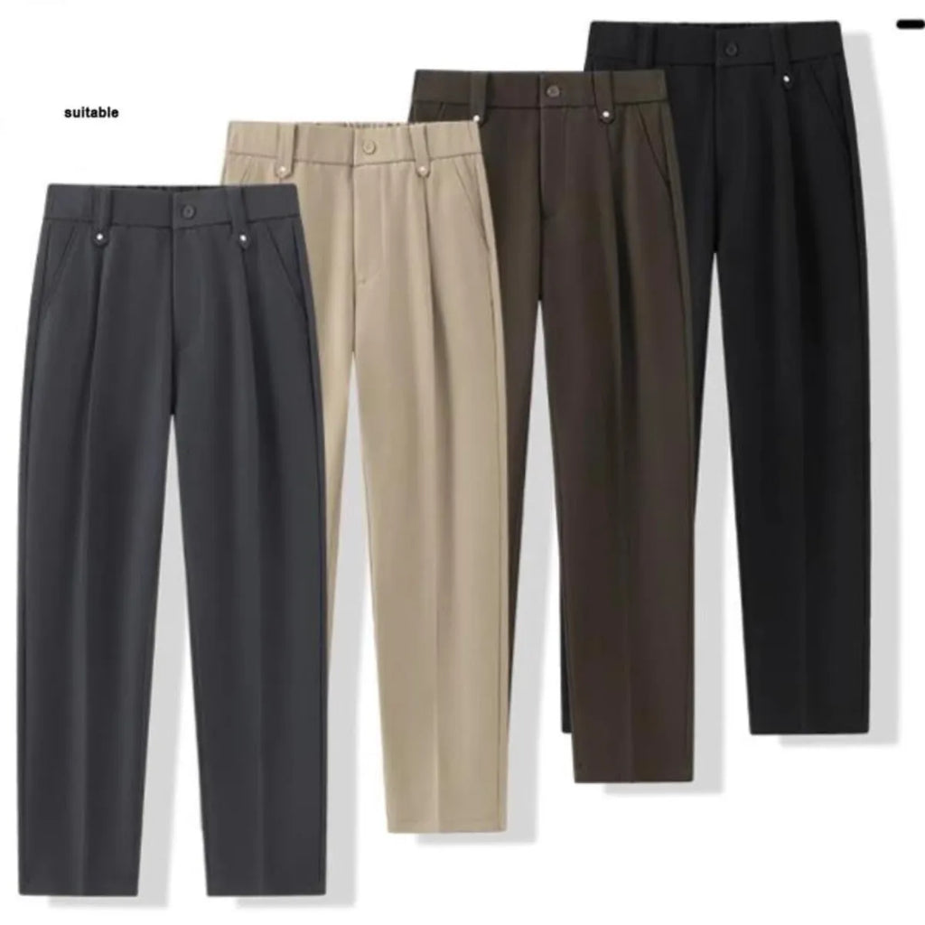 Men's solid colour straight leg trousers in khaki, button fly, mid-waist, polyester blend fabric on a white background