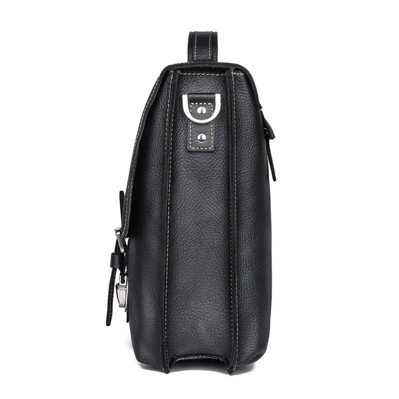 Men's retro cowhide leather business briefcase in black with adjustable shoulder strap, 38cm length