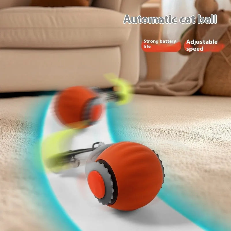 Automatic gravity-sensing cat toy with rolling ball and tail attachment in blue colour with gun grip handle