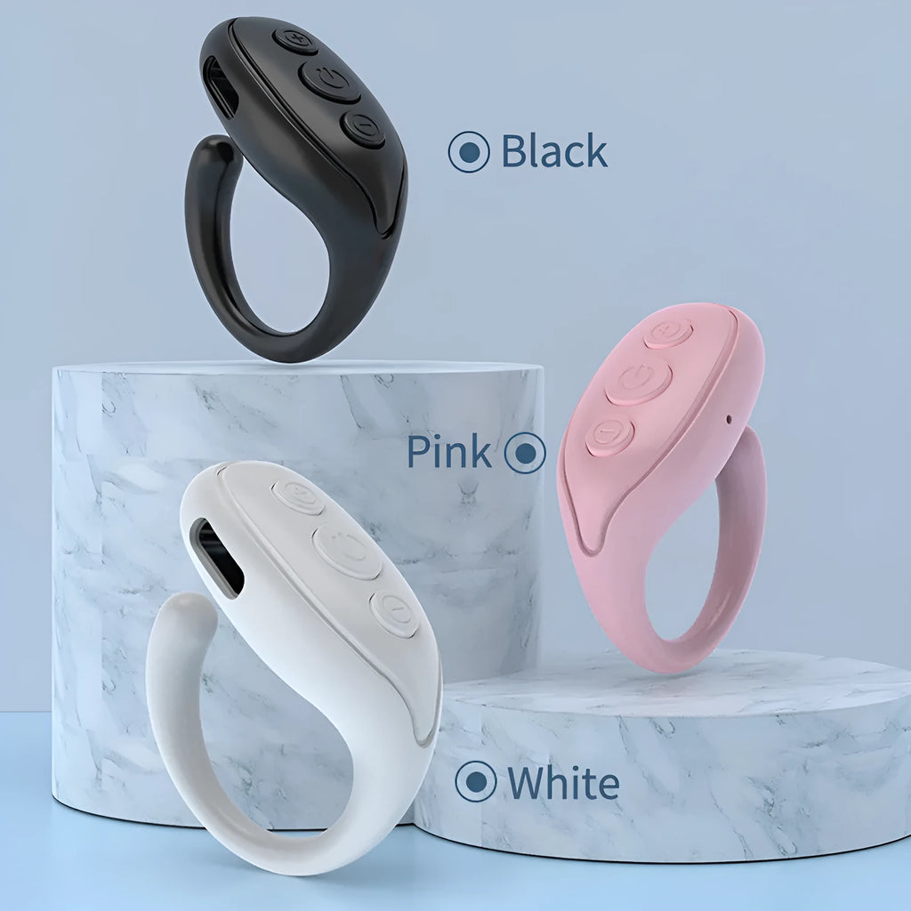 Mobile phone Bluetooth remote control in black, white, and pink with 50mAh battery and V5.3 chip