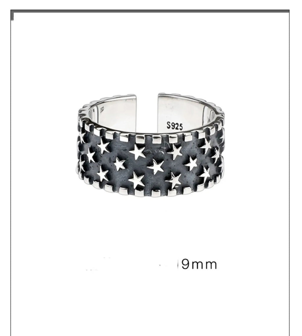 Adjustable sterling silver ring with multi five-pointed star geometric pattern