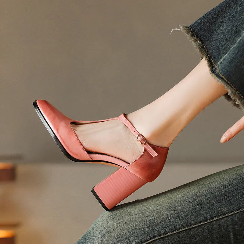 Women's retro pointed toe Mary Jane shoes with hollow Baotou design and buckle fastening