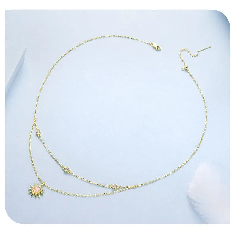 925 silver double-layer O-shaped chain necklace with sun motif pendant in gold opal finish