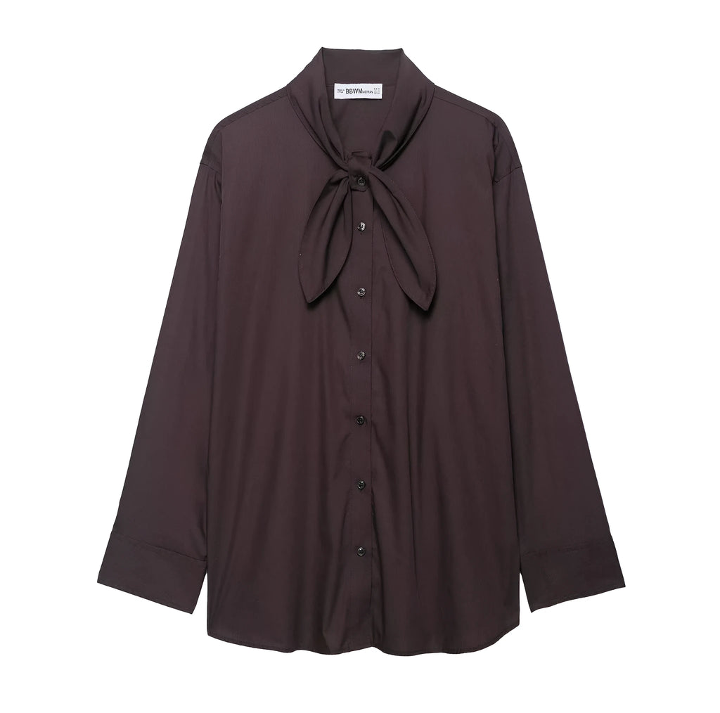 Brown women's long sleeve poplin shirt with a bow tie scarf, loose fit