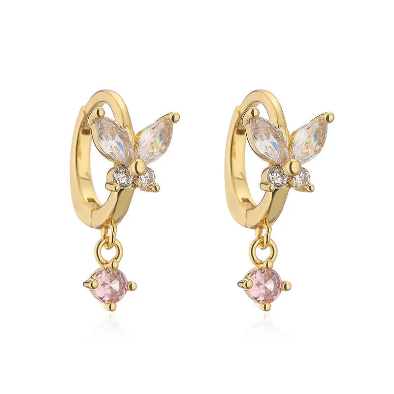 Copper earrings with inlaid colour diamond butterfly fringe design on white background