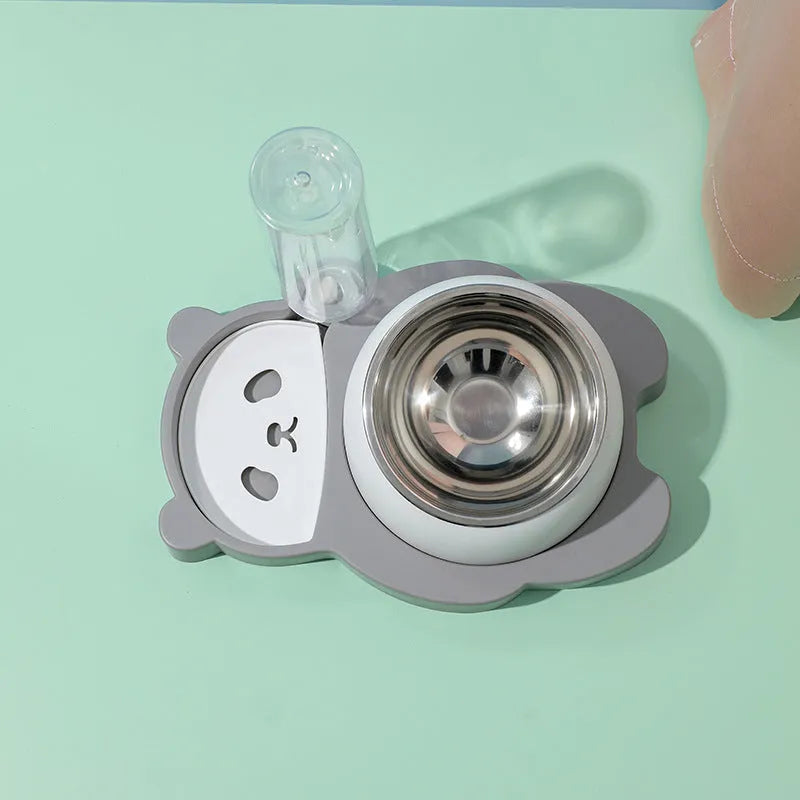 Grey panda-shaped automatic water dispenser and tilted stainless steel feeding bowl set for cats and small dogs