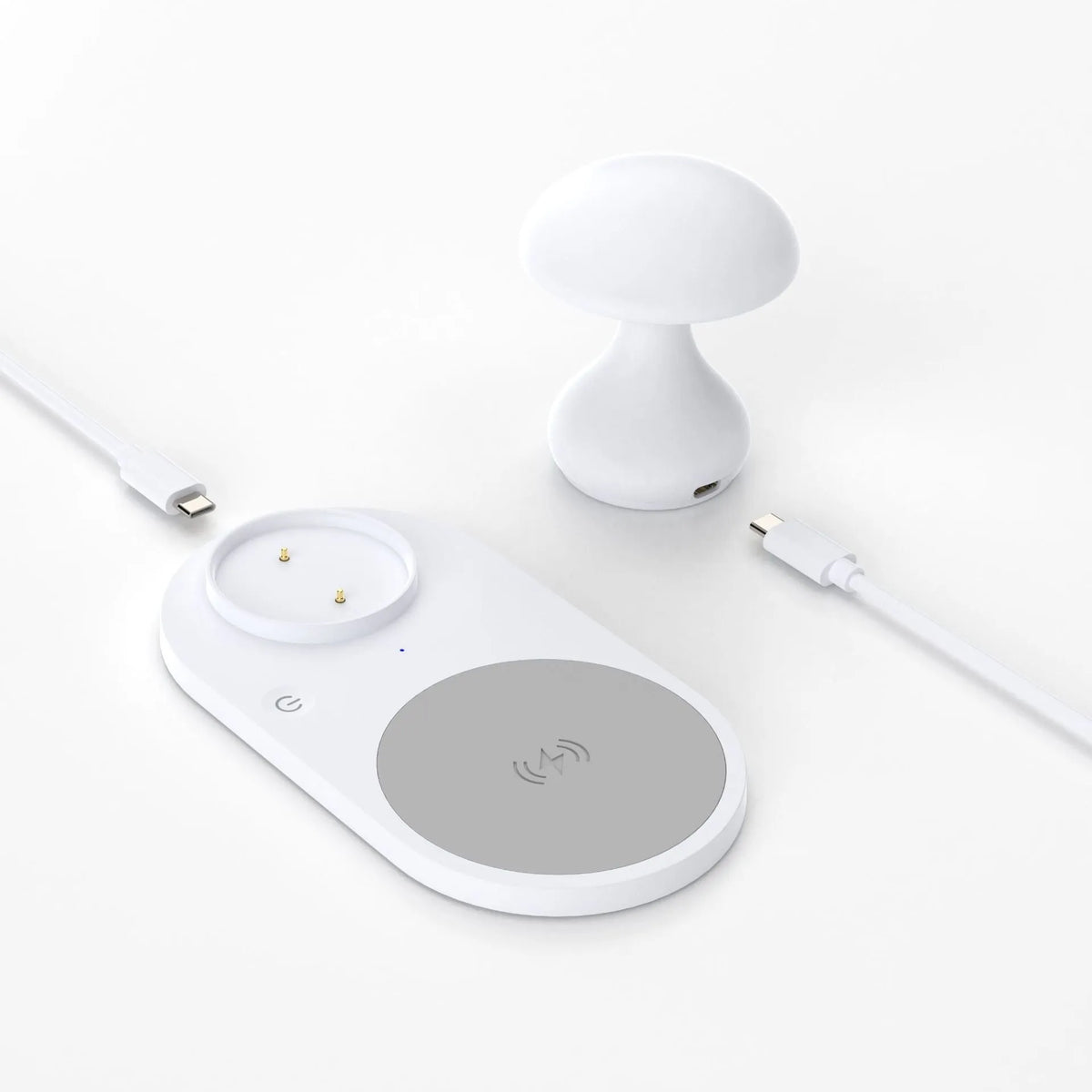 Multifunctional 10W fast wireless phone charger mushroom lamp in white ABS composite material on a desk