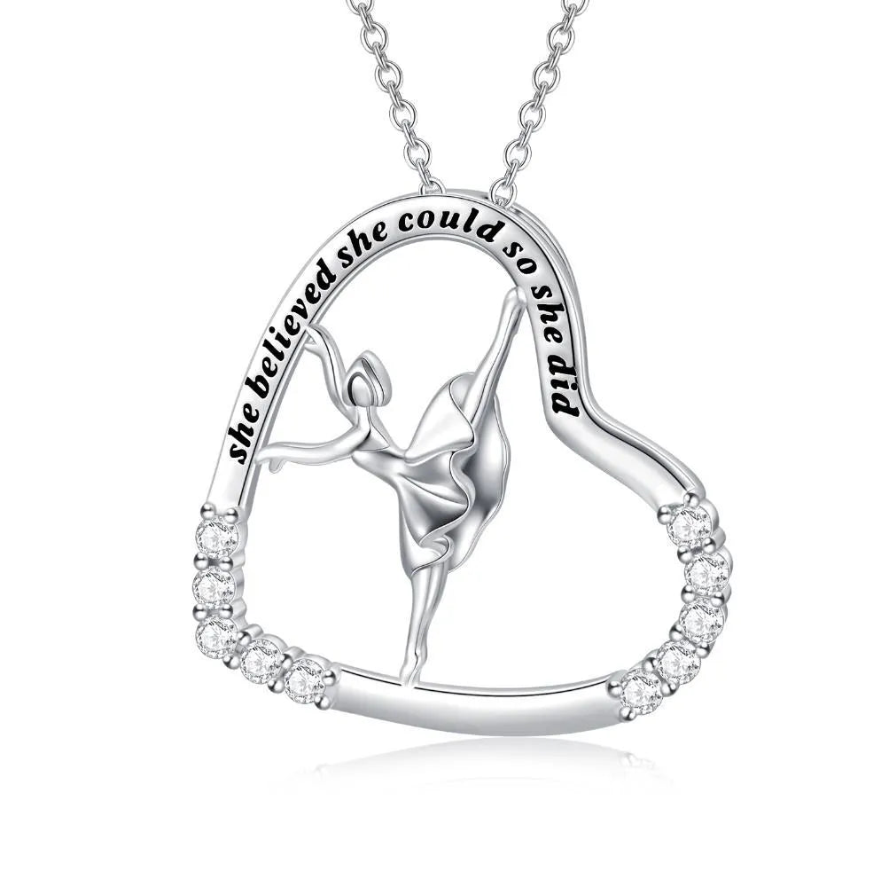 925 sterling silver heart ballerina dancer pendant necklace with cubic zirconia stone on white background