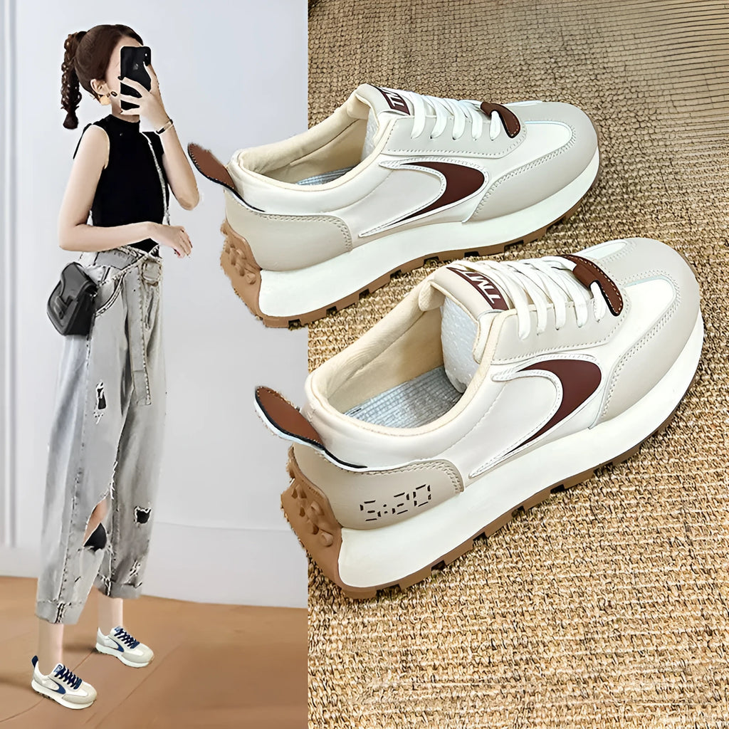 Forrest Gump heightened daddy shoes beige low top round toe mid heel 3-5cm height increasing sneakers