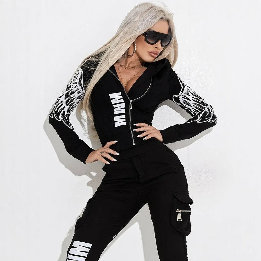 Black women's hooded casual suit with wings printing on the top, paired with matching trousers.